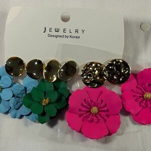 JEWELRY Korea Floral Drop Earrings in Pink, Green, Blue with Gold Accents